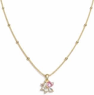Zarini Gold-Plated Floral Pendant Necklace with Pink & White CZ Crystals for Women