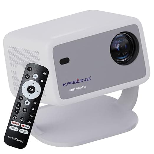 Krisons Razor 006 Smart Projector|1080P Native |4K HD Licensed Netflix/Google|Bluetooth Voice Remote|Upto14000 Lumens|Wi-Fi 6/BT5.4|Android|Auto Focus/Keystone |Primevideo,Hotstar,NetfliX (White Grey)