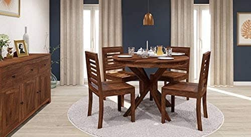 BAGARI ARTS Solid Sheesham Teak Wood 4 Seater Round Dining Table with Chairs Set | Wooden Round Dining Table 4 Seater | 4 Seater Dining Table Set | Dining Room Set Furniture | Brown Finish
