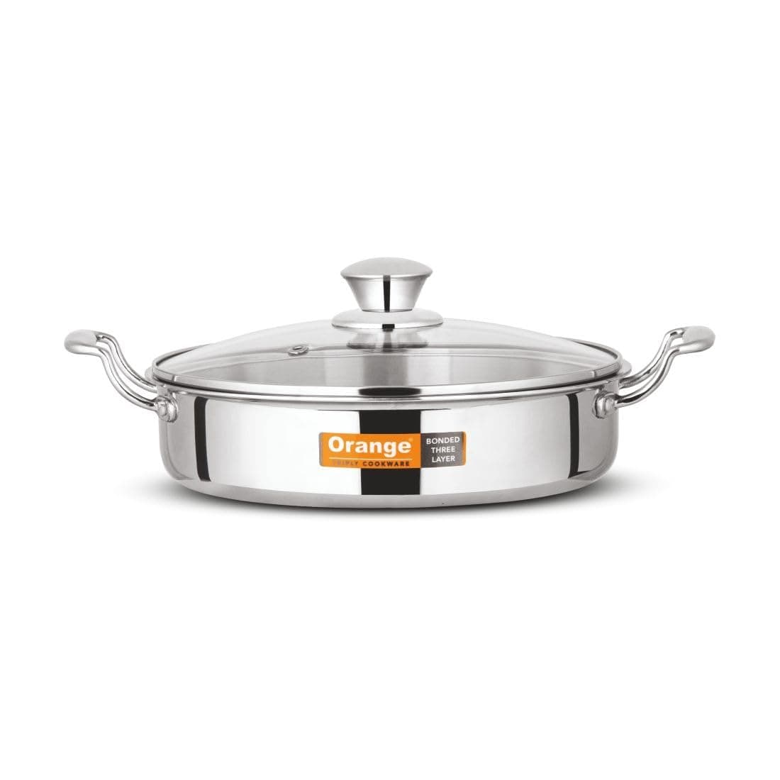 Orange Stainless Steel Triply Cook & Serve Fry Pan/Saute Pan/Kadai/Flat Pan 2.5 litres with Glass lid and Handles| 2.5mm Thickness, 24cm Diameter | Induction cooktop Friendly | (2.5L, Steel)