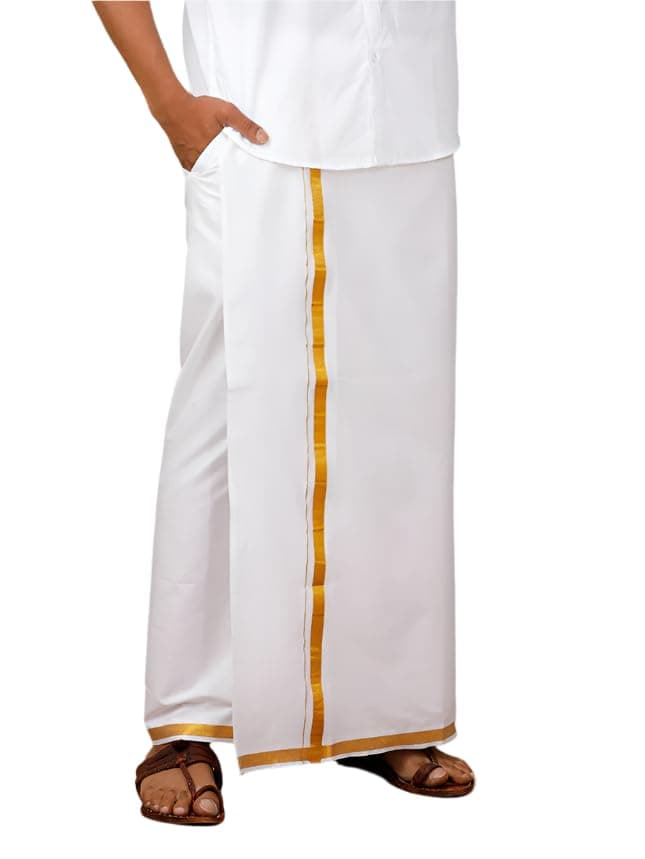 Ramraj Cotton Men Cotton Blend Readymade White & Cream Dhoti With Gold Jari Border Genxt| Single Layer