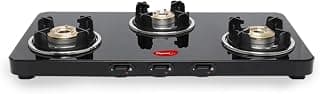 Pigeon by Stovekraft Sleek 3 Burner Ultra Slim Gas Stove with Glass Top, Manual, Black | Ultra Slim frame Design