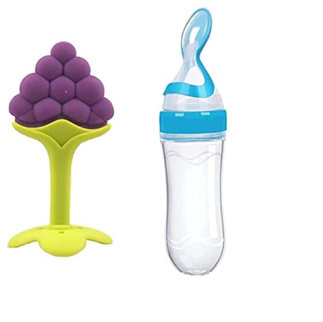 BabyGo Silicone Squeeze Feeder & Food Dispensing Spoon Combo | Easy Grip Infant Feeding Bottle with Fruit Pacifier Nibbler & Baby Teether Chew Toy (Pack of 2, Multicolor)