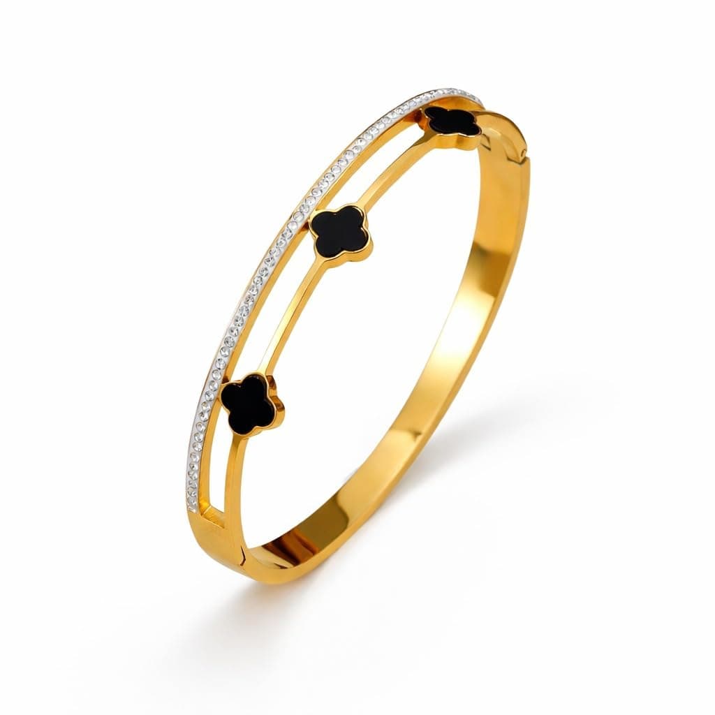 MEENAZ Gold Bangle Clover Bracelet for Women Stylish | Stainless Steel Black Floral Design Kada for Girls| Anti Tarnish Jewellery for women | Valentine Gift for girlfriend Wife gifts woman-295