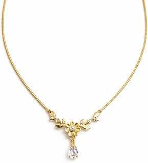 Zarini Gold-Plated Floral Leaf Pendant Necklace for Women with Cubic Zirconia & Pear-Cut Crystal Drop | Anti-Tarnish Fashion Jewelry | Elegant Chain Necklace for Daily Wear, Party & Gift