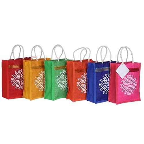 SAINIK'S - ACCESS TO QUALITY Jute Bags with Contrast Kolam Print for Return Gifts | Jute Thamboolam Bags for Return Gifts | Wedding Return Gifts Jute bag -25X20X10 CM (Pack of 50)