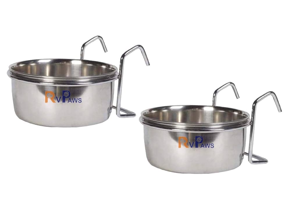 Pups&Pets Rustproof Stainless Steel Cage Food, Seed, Water Feeder Cum Bowl with Holder clamp for Birds, Bird Cage Water Bowl Food Bowl Holder-Stainless Steel Cup (250ml) (Pack of 2)