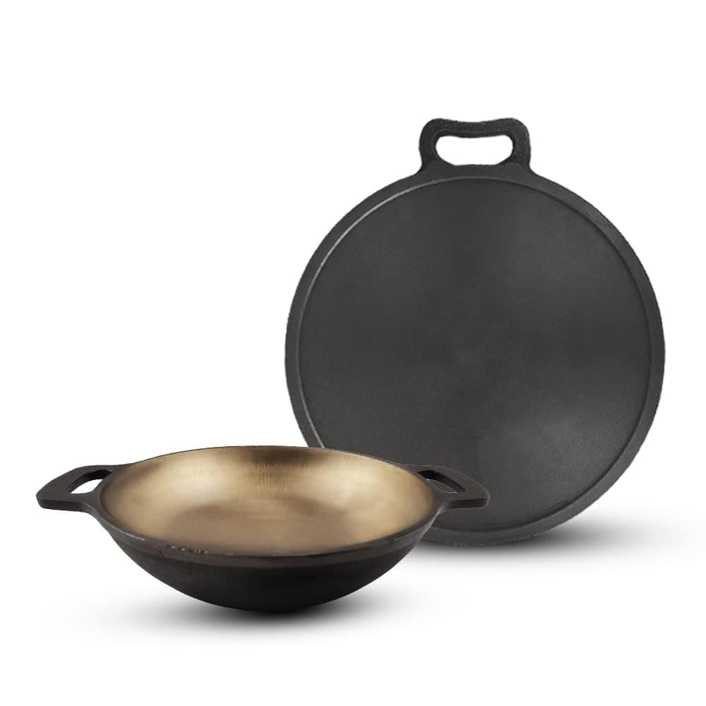 The Indus Valley Super Smooth Cast Iron Cookware Set | Kadai (25.4 Cm/2.5L) + Tawa (27.9 Cm) | Kitchen Cooking Combo Pots And Pans Set Of 2Pcs | Naturally Nonstick, Black