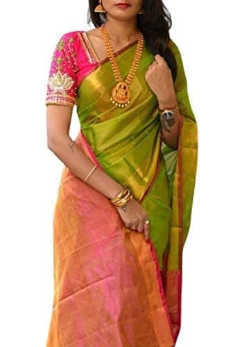 mj silks Women's Handloom Linen Saree With Blouse Piece ( TSSULLNGRN_Parrot)