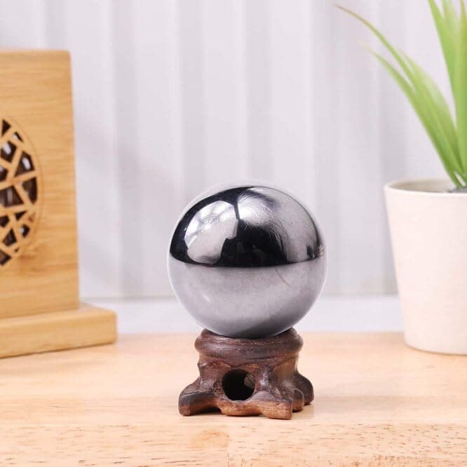 Terahertz Crystal Ball 100–150 gm with Wooden Stand | Healing Crystal Sphere for Meditation, Reiki, Energy Healing | Feng Shui Vastu Home Décor Idol Figurine Gift Item