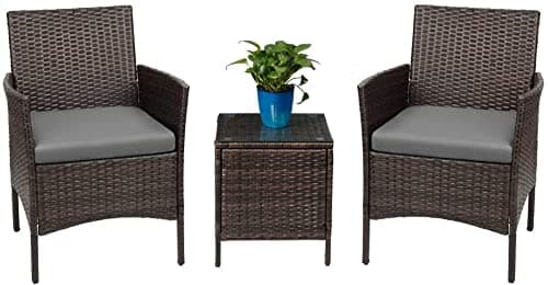 DEVOKO 3-Piece Outdoor Patio Furniture Set with HDPE Rattan Wicker Chairs and Table - Ideal for Porch, Garden, or Outdoor Spaces (Dark Brown & Grey)