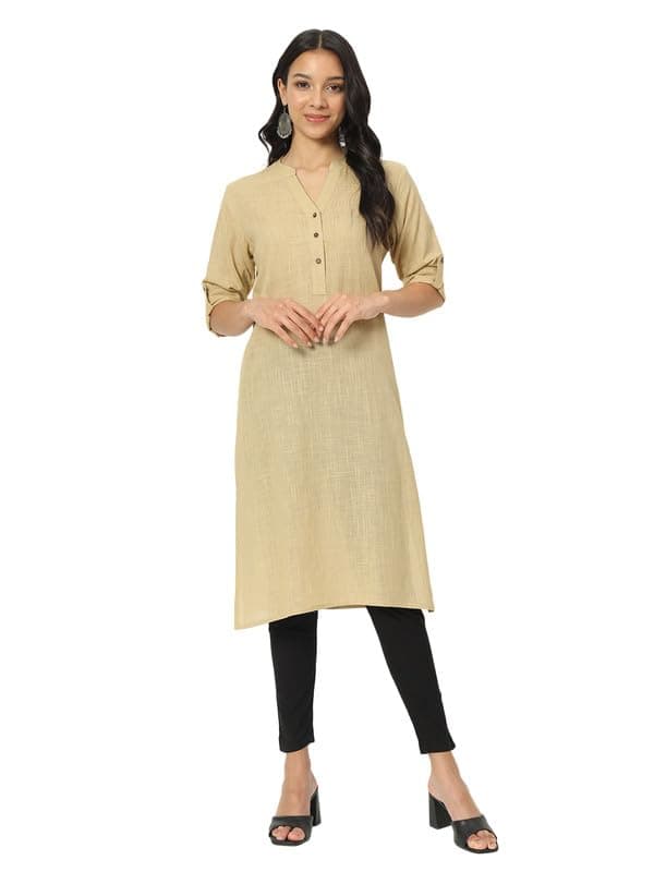 beSOLiD Women's Airy Linen Plain Straight Kurta | 3/4 Sleeves, Knee Length Kurti with Pockets | Casual V-Neck Regular Fit Long Kurti