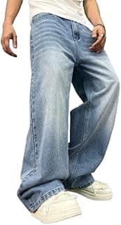 Lymio Jeans for Men | Loose Fit Baggy Denim Pants | Mens Stylish Light Blue Wide Leg Vintage Washed Trousers | Casual Button Front Classic Pocket Styling Comfortable Streetwear Pant (LU-76-77)