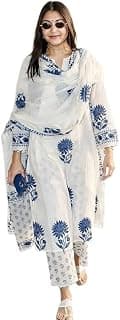 Nermosa Women's Hand Block Floral Printed Straight Kurta Set with Palazzo Pants & Dupatta Ethnic Kurta Set for Casual Outings Day Events Summer Wear Festive