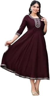 Generic Women's 3/4th Sleeves Embroidered Neckline Solid Maroon Ankle Length Kurti