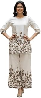 Women Khadi Cotton Co Ord Set with Floral Table Print, 2 Piece Kurti and Palazzo Set, Casual Ethnic Outfit for Office Festive Occasion