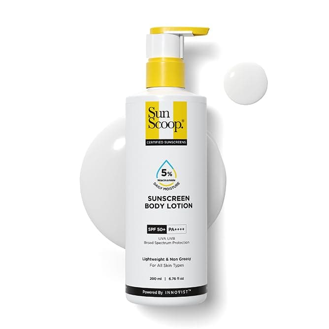SunScoop 5% Niacinamide Daily Moisture Sunscreen Body Lotion SPF 50+ PA++++ Broad Spectrum| In-Vivo Tested| 24-Hours Moisturization| Non-Greasy| No White Cast| Reduces Tan| Smoothens Skin (200ml)