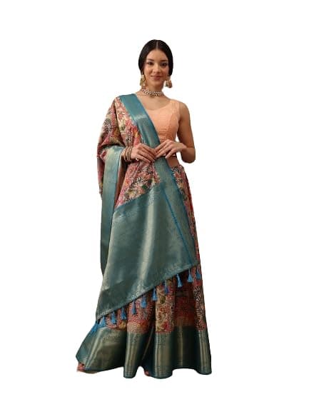 Amazon Brand - Anarva Women's Kalamkari Digital Printed Kanjeevaram Silk Saree With Blouse Piece
