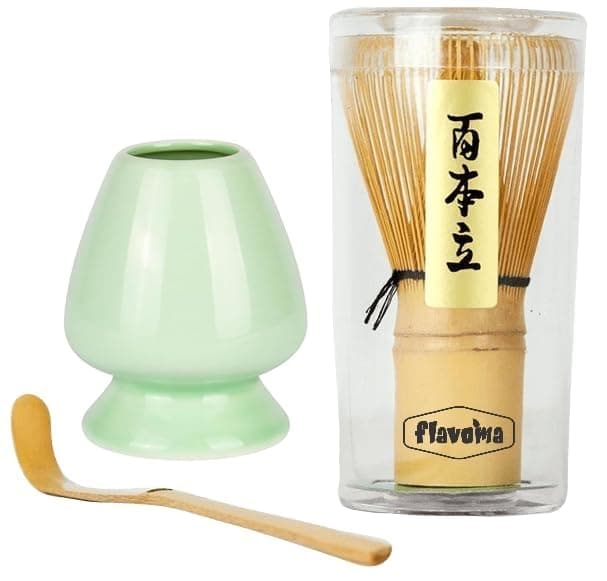 Flavoma (Sets of 3) Japanese Handmade Bamboo Matcha Whisk (Match Brush Japanese Style) + Traditional Scoop (Chashaku) + Ceramic Tea Whisk Holder, Prepare a Traditional Cup of Matcha