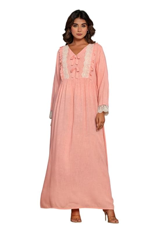NIHSAMAH Viscose Nighty for Women, Frills and Laces Stylish Night Gown, Long Sleeve Comfortable Sleepwear Long Nightwear, Maxi