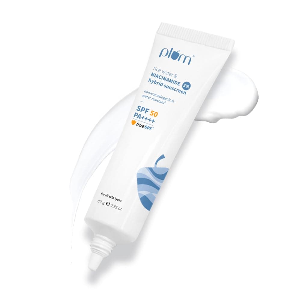 Plum 2% Niacinamide Sunscreen SPF 50 PA+++ With Rice Water | 4 Hrs Water Resistance | 3x Tan Reduction & Brightens | No White Cast, Lightweight, Non-Sticky | Dermatologically Tested | Women & Men | 100% Vegan | 80 g