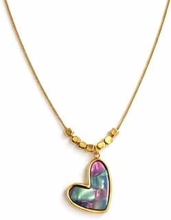 Zarini Premium Gold-Plated Iridescent Heart Pendant Necklace with Beaded Chain & Mother of Pearl Effect Charm
