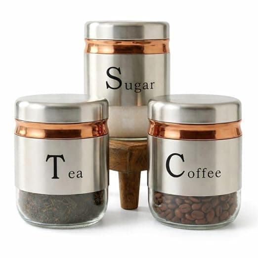 HMAA 350ml Canister Set of 3 | Premium Glass Jars with Stainless Steel Lids | Airtight Kitchen Storage Containers for Tea, Coffee, Sugar | Transparent Spices Masala Organizer