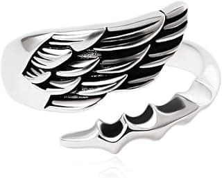 Inites Trending Stainless Steel Silver Color Adjustable Size Funky Dainty Dragon Demon Angel Wings Feather Cuff Thumb Finger Ring For Men's And Women's