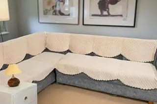 L Shape 7 Seater Velvet Sectional Sofa Cover, Quilted with Fringe Detail, L-Shaped Couch Protector-Pack of 14 (Cream)