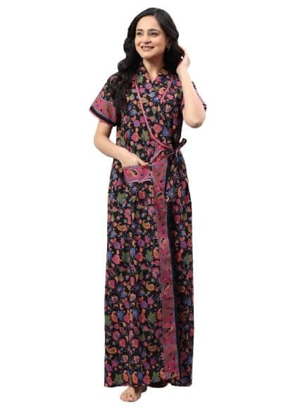 bellamy Women Cotton Printed Maxi Nighty | Front Open Night Gown with Pocket | Regular Fit Sleepwear & Housecoat 1002