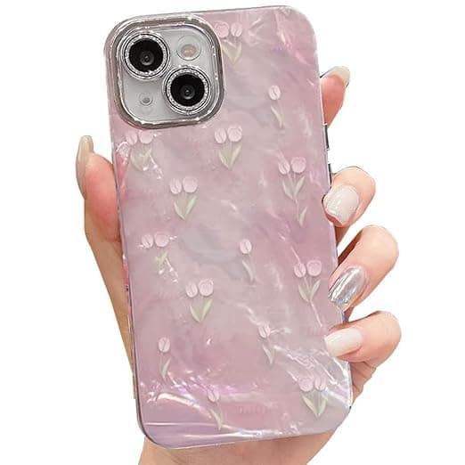 mobistyle Back Cover Case for iPhone 15 | Camera Lens Protection | Tulip Flower Print Design for Women Teen Girls (Polycarbonate | TPU), Pink