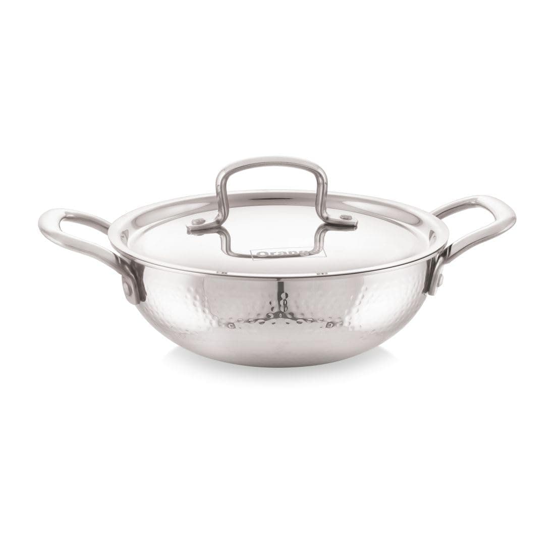 Orange Triply Stainless Steel Hammered (Mathar) Deep Kadai with SS Lid, 1.5L (18cm) | Induction & Gas Compatible | Heavy 2.5mm Thick Bottom | Cool-Touch Handle | 5 Year Warranty | Silver