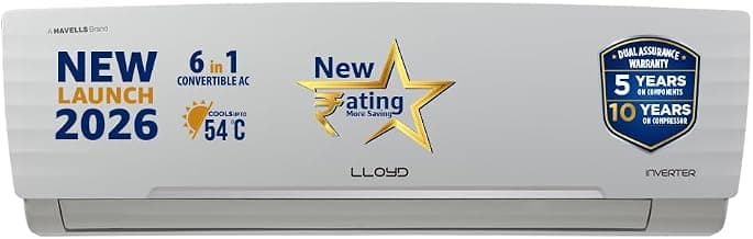 Lloyd 1.5 Ton 5 Star Inverter Split AC, 2026 New Star Rated (6 in 1 Convertible, Cools Up To 54°C, DG Mode, Ice Clean, Smart 4 Way Swing, Turbo Cool, Installation Check, White, GLS18I5AGGGW)