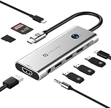 Portronics Mport One USB C Hub Dock (9-in-1) with 4K 60Hz HDMI, 3-Port USB, HDMI On-Off Button, 100W Type-C Charging, Card Reader, 3.5mm AUX, Type C Plug for Laptop, Mac, PC (Grey)