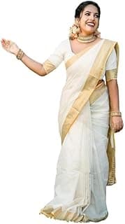 Yashika Women's Solid White Color and Gold Border Cotton Blend Saree With Unstitched Blouse Material - Special For Pongal Onam Festival (AZ-YS-OG1-PONGAL ONAM WHITE)
