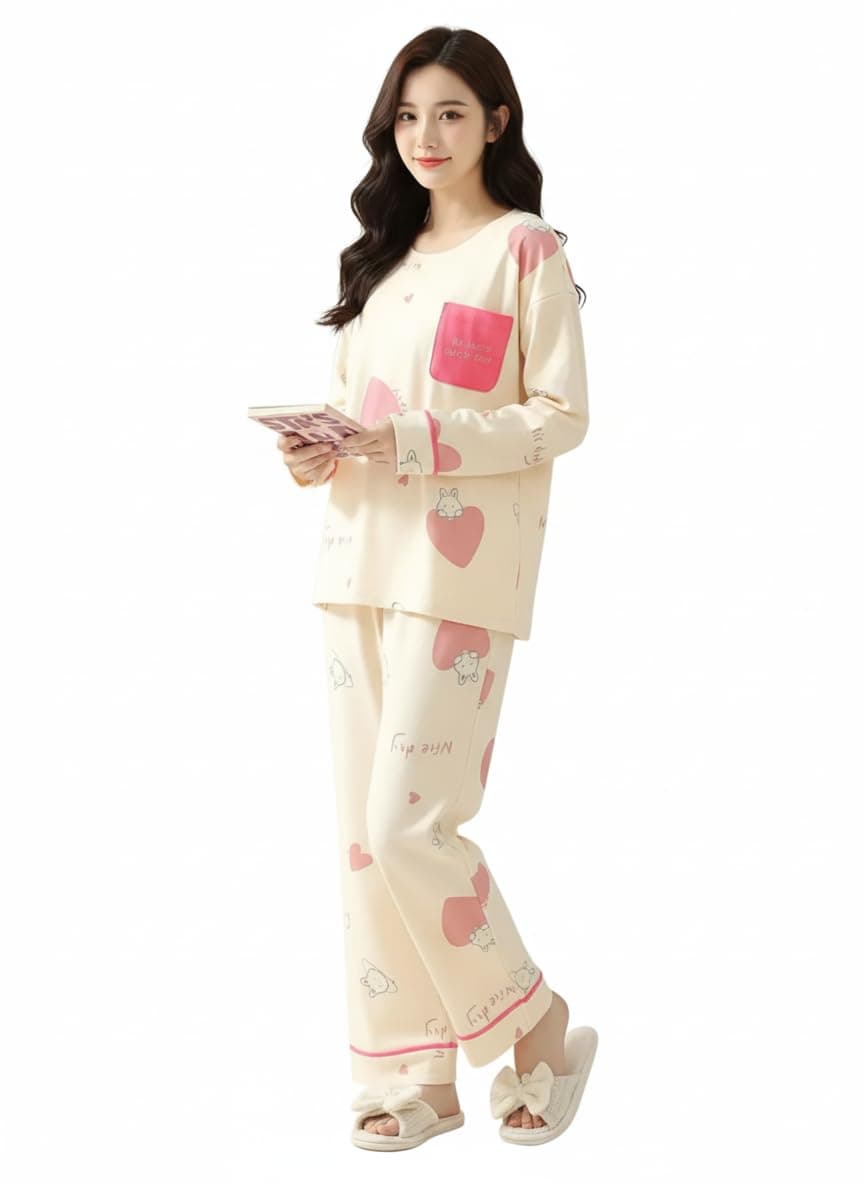 Celary Women's Korean Night Suit Set | Round Neck Full Sleeve Top & Printed Ankle Length Pyjama | Skin-Friendly Fabric Soft Breathable Stretchable Loungewear | M to 2XL