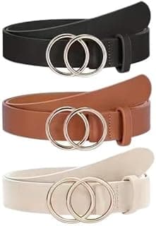 Generic Women's Belt with Double Ring Buckle, Faux Leather, Black Brown Beige, 3 Pack