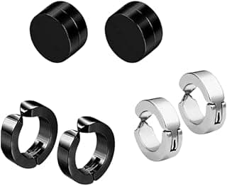 Generic T TRENDY MART Magnetic Stud Earrings Set for Men, 3 Pairs Black and Silver Non-Piercing Clip-On Style Huggie Hoop Earrings