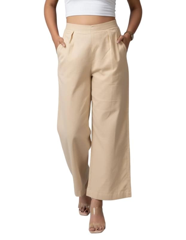 Oxinexx 100% Cotton Wide Leg Trouser for Women Solid Relaxed Straight Fit Mid Rise Bootcut Parallel Pants Casual Travel Office Formal Wear
