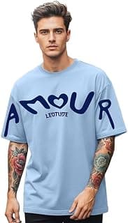 LEOTUDE Half Sleeve Cottonblend Graphic Print Round Neck Drop Shoulder Oversized Dailywear Tshirt for Man (Color Aqua Blue)