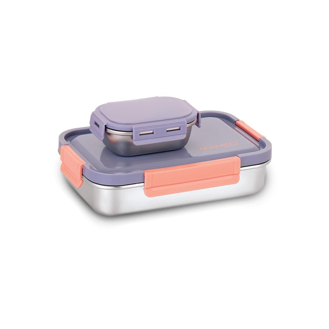 WARMEO Carnival Stainless Steel Airtight Leak-Proof Lunch Box, Light Weight, Easy to Clean, Perfect for Office, School, Picnic & Travelling, Set of 2 (1000ml+150ml) Purple & Peach