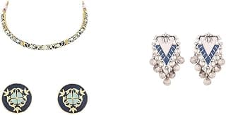 VOYLLA Tahira Bird and Floral Motifs Gold Necklace Set for Women Silver-Plated Blue Contemporary Oxidised Drop Earrings