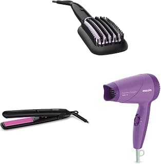 PHILIPS BHH880/10 Hair Straightening Brush With Keratin Infused Bristles (Black) & Philips Essential HP8302/00 Selfie Straightener Black & Philips HP8100/46 Hair Dryer (Purple)