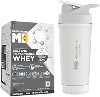 MuscleBlaze Biozyme Performance Whey Protein Powder, Rich Chocolate, 5 Sachets (36g each) | Travel Pack with Stainless Steel Gym Shaker | 25g Protein Per Sachet