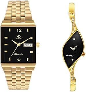 ADAMO Stainless Steel Couple Combo Black Dial Day & Date Men's & Women's Analog Watch 1918YM02-9710YM02