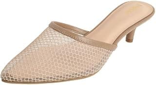 Mochi Women's Mesh Leather Kitten Heel Fashion Slip-on Mules