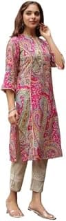 Generic Stylefy Women's Paisley Print Cotton Kurta with 3/4 Sleeves, Pink and Multi-Colour, Traditional Indian Style