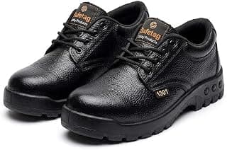 Safetag Men's Safety Shoes | Labour | Cushioned Footbed | Puncture Proof | Comfortable Fit | Leather Safety Shoes for Men | Black, Leader