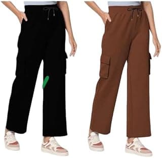 Generic Pack of 2 Women Relaxed Fit Cargo Pants Combo with Multi Pocket Design Comfortable Casual Daily Bottom Set