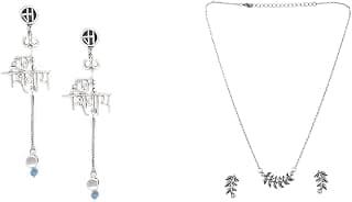 VOYLLA Brass Silver Oxidised Plating Moksha Namaha Shivaya Earrings with Turquoise Pearl Beads for Women and Girls & VOYLLA Fresh Fern Bella Necklace Set for women